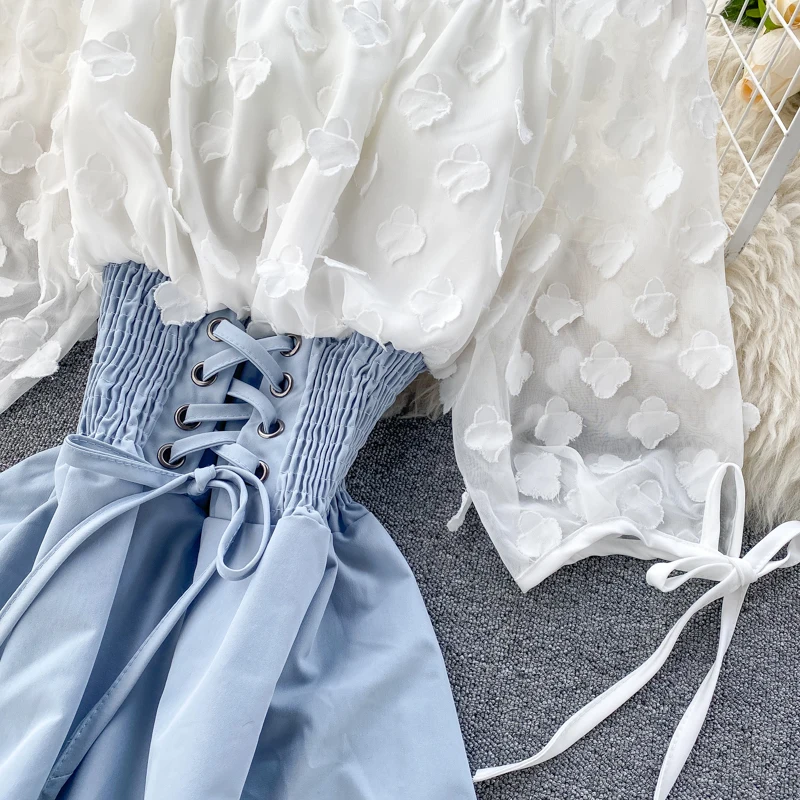 2020 Sexy Off Shoulder patchwork Summer Short Dress Party flower chiffon Slim waist lace up Women casual A-Line beach dress