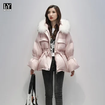 

LY VAREY LIN Large Natural Raccoon Fur Winter Jacket Women 90% White Duck Down Coats Thick Warm Parkas Sashes Short Snow Coat