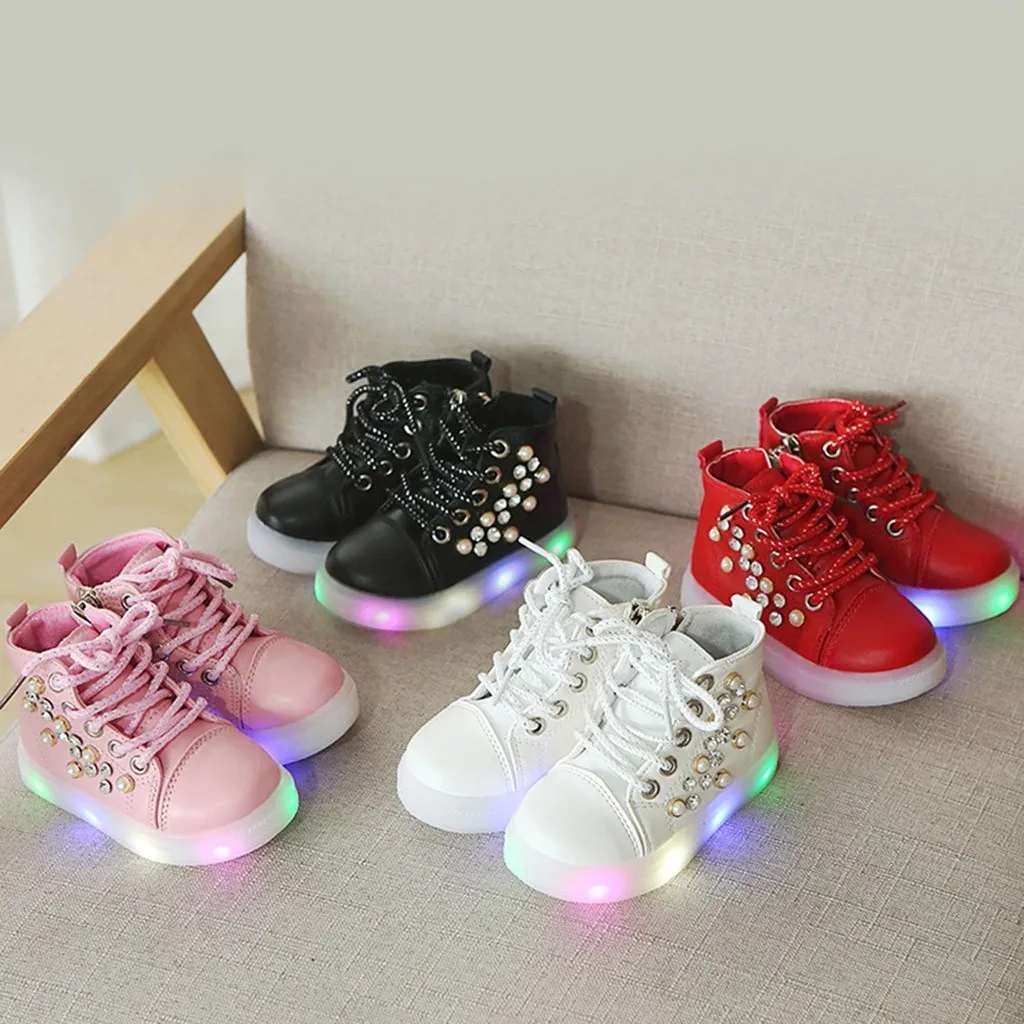 Child Casual Shoes Baby Girls Pearl Crystal Led Light Luminous Run Sport Boots Spring Autumn Winter Fashion Princess C840# | Детская