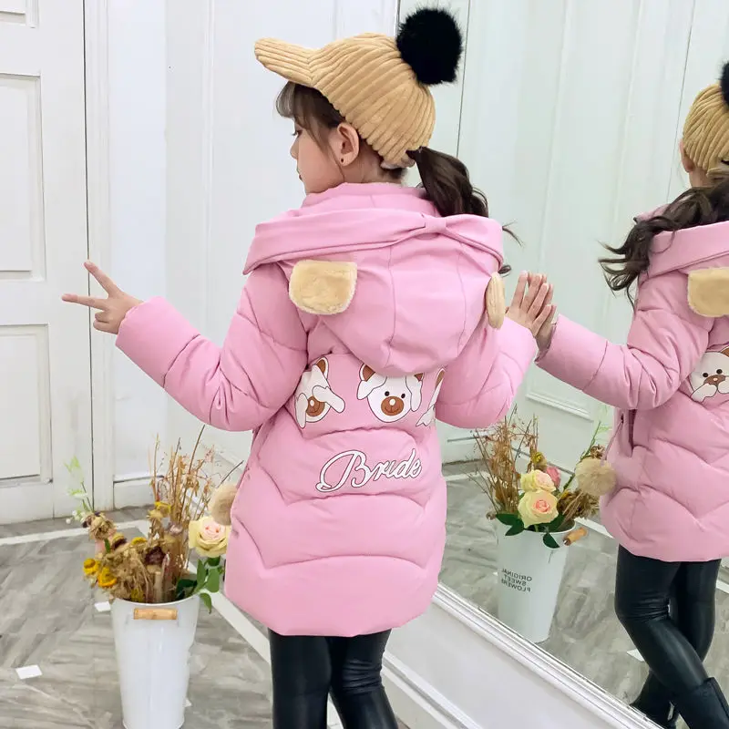 2-13Yrs Kids Winter Parkas Girl Warm Jacket Baby Bow Cat Coat Thick Fur Hooded Christmas Outerwear Kids Winter Clothes-30degree