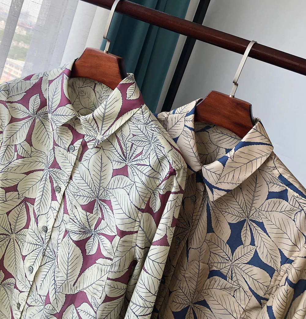Elfbop Ladies/Women Silk & Cotton Leaves Printed Long Sleeve Lapel Blouse Shirt Top 5