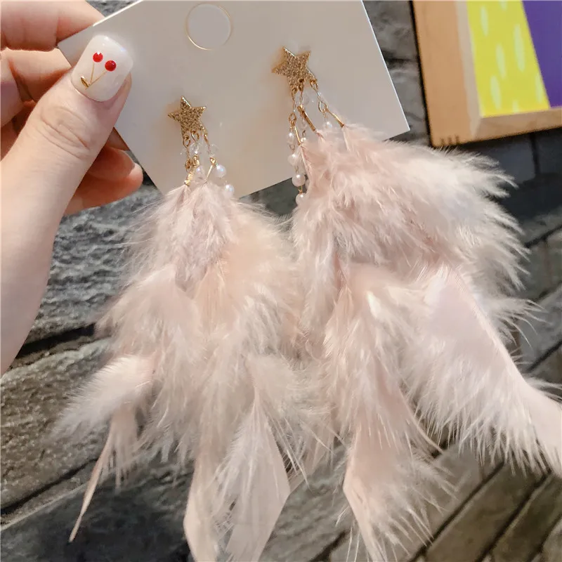 Winter New Woman Drop Earrings Big Pink Feather Cute Star Long Dangle Earrings Fashion Accessories Trendy Jewelry