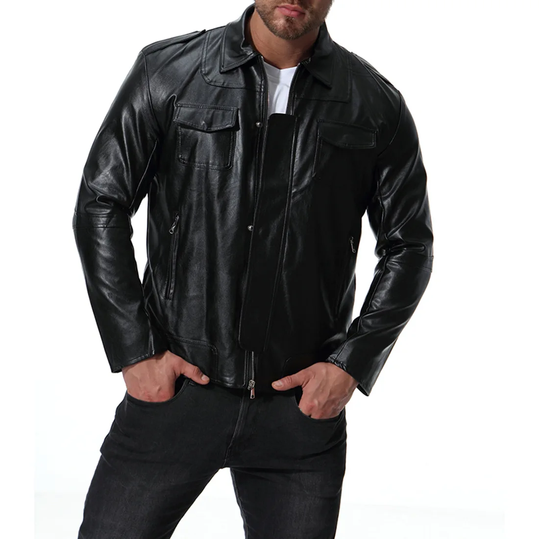 

2019 Autumn Clothing Export Locomotive Leather Coat Fashion Europe And America Motorcycle Fold-down Collar Leather Jacket MEN'S