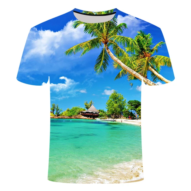 2021 Creative 3d Digital Printing Blue Sky Sea Coconut Tree Beach T-shirt  Summer Round Neck Refreshing T-shirt Unisex Children
