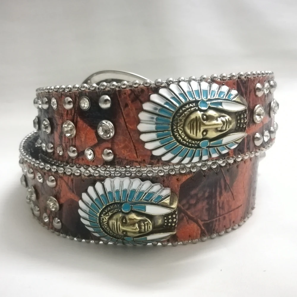 Indian cheif Conchos Western Rhinestone Orange Red Camo Horse Ridding Crystal Cowgirl Belt