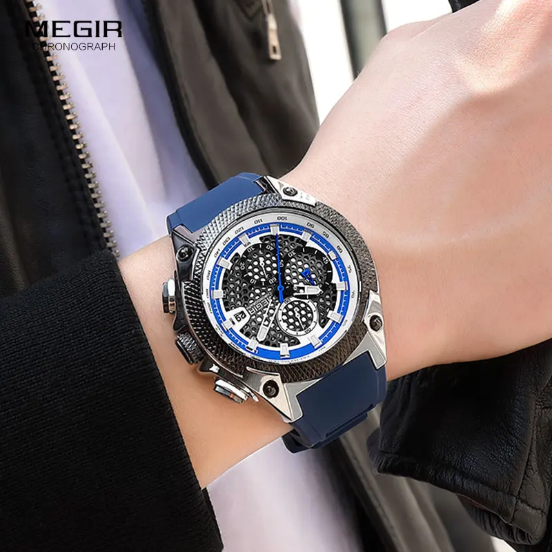 MEGIR роскошные часы мужские синий силиконовый кварцевый ремешок наручные часы Мужские лучший бренд военный хронограф часы Relogios Masculino 2127