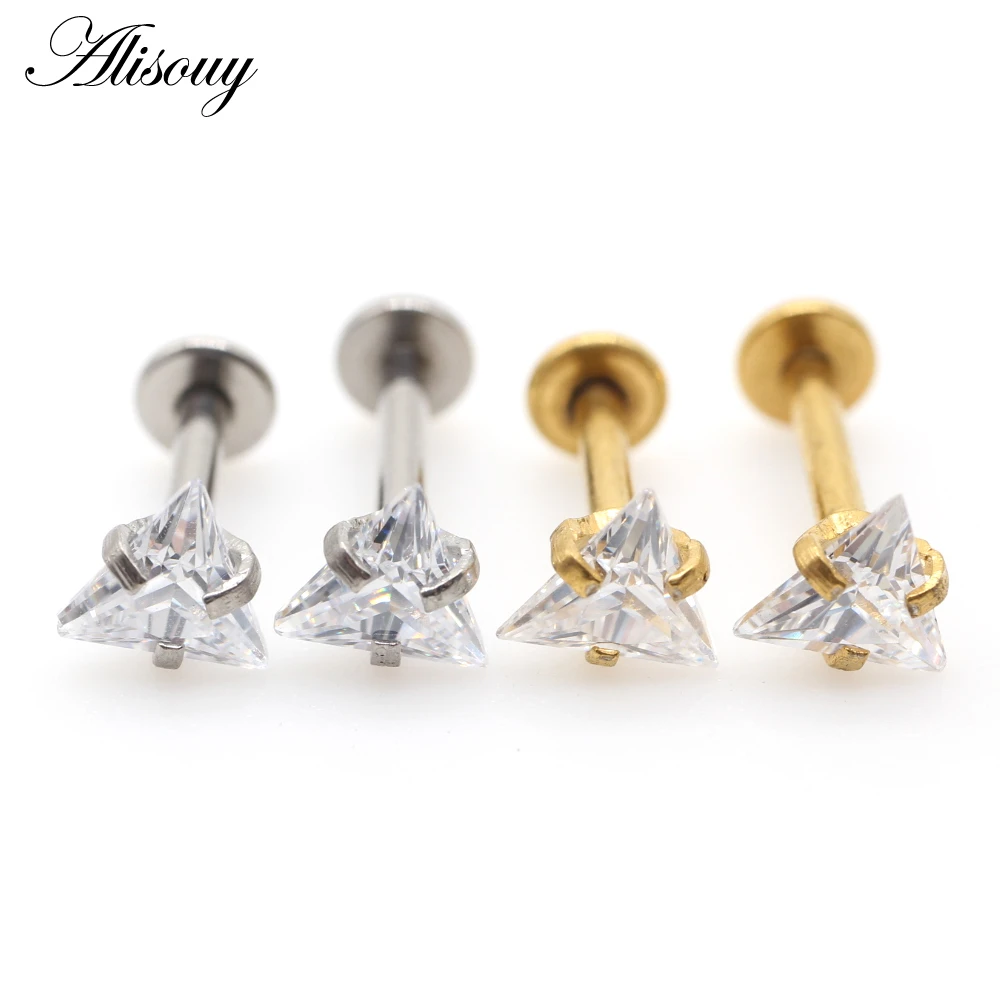 Alisouy 1pc 16G Triangle Crystal Zircon Stainless steel Lip Labret Rings Ear Tragus Cartilage Stud Earring Piercing Body Jewelry