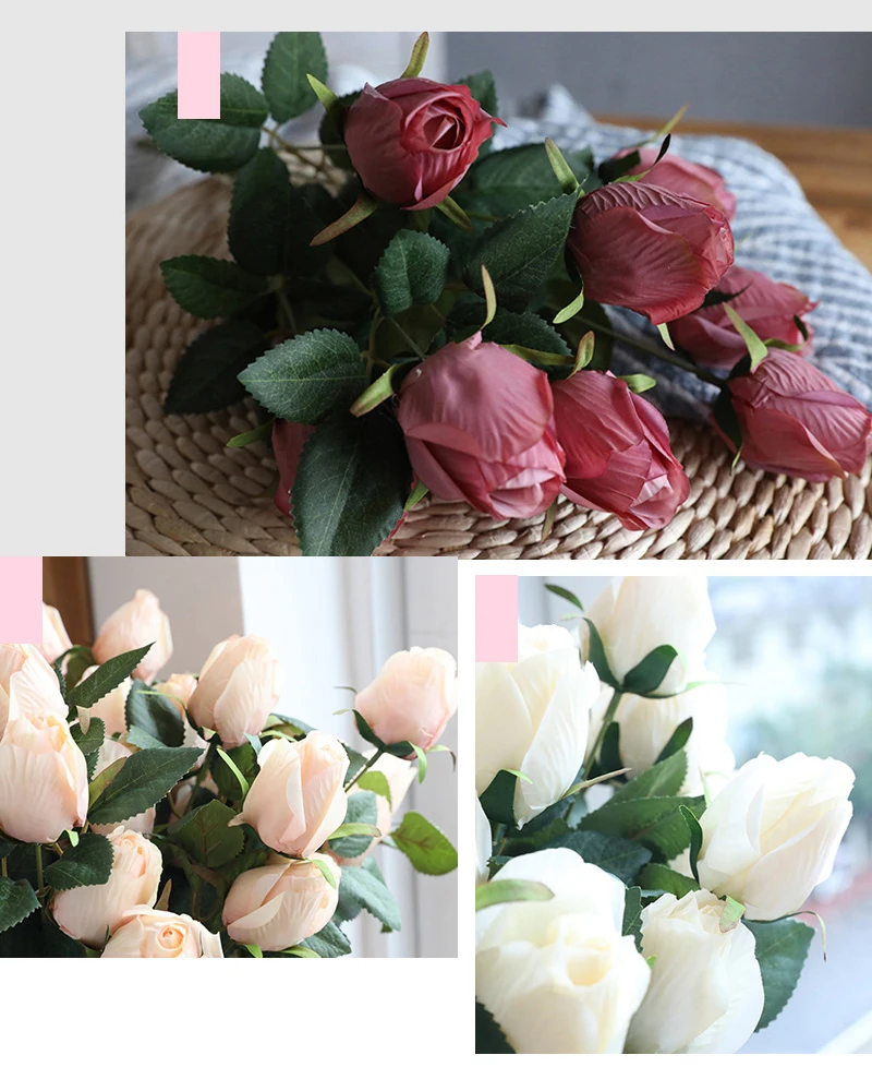 JAROWN Artificial Flower 9 Head Rose Bouquet Continental Retro Fake Flower Wedding Home Decoration Bouquet Rose Bud Flores (11)