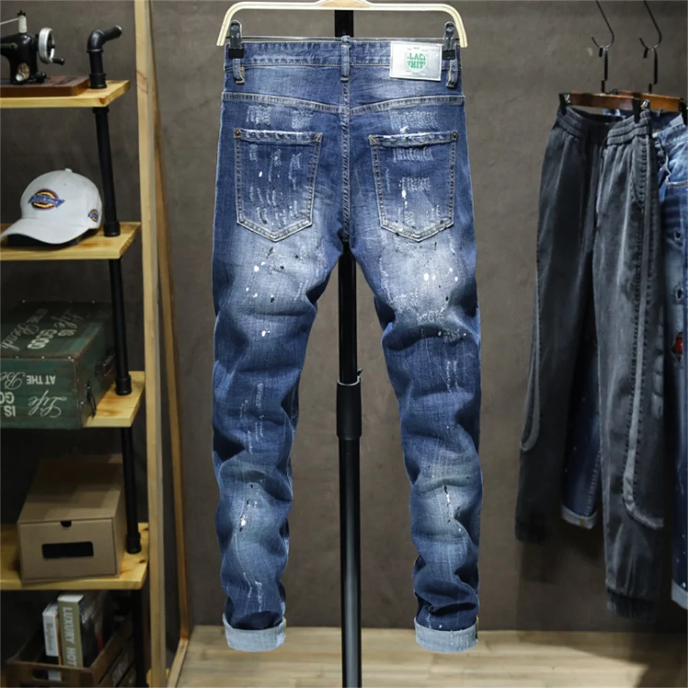 EH·MD® Claw Pattern Ripped Jeans Men's Inkjet White Dots Cat Whisker Slim Cotton Red Ears Soft Stretch Beggar Pants Reflective