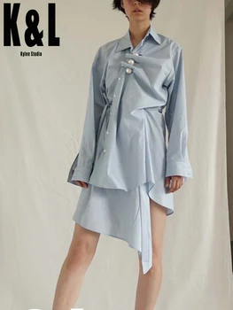 

K&L kylen Niche design irregular pearl button shirt skirt women 2020 autumn new street fashion long-sleeved blue striped shirt