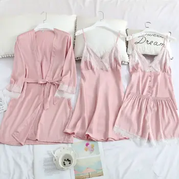 

Lace Patchwork 4PCS Sleep Set Satin Strap Top&Shorts Women Nightwear Bridal Wedding Gift Silky Home Clothes Kimono Bathrobe Gown