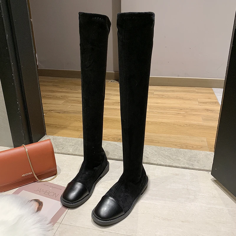 Nice Pop Soft Women Knee High Boots Autumn Round Toes Classic Black Shoes Woman Flat Heels Sexy Ladies Pretty Dress Boot