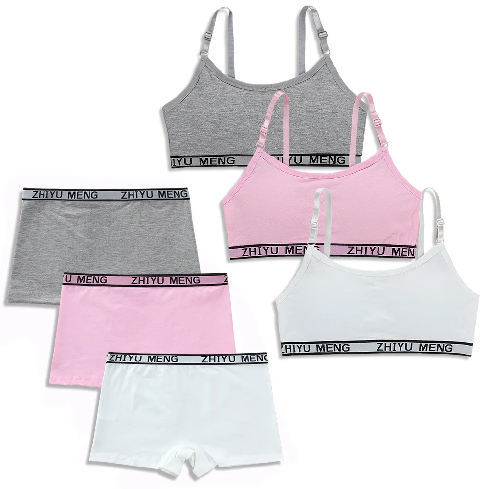 Teenage Girls Underwear Cotton-Padded Wireless Letter Print Small Bra Panty Set For Children Young Girls Sports Running
