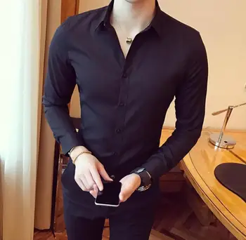 

New 2019 solid color lapel loose fashion men's long sleeve shirt maa1 middle-aged autumn shirt W093-05