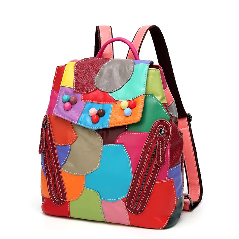 Genuine Leather Women Backpack Bag Sheepskin Softback Summer Lady Travel Colorful Patchwork Girl Luxury Shopping Bags New Gift