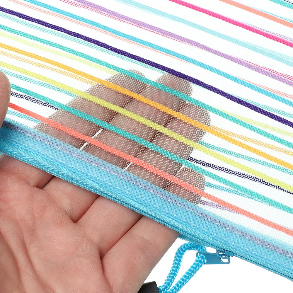Pencil Cases Nylon Rainbow Mesh Document Zipper Stationery Bag for Office School