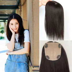 Silk Base Toupee For Women Human Hair No Bangs Silk Base Human Hair Top Hair Pieces Clip in Crown Topper for Wig Natural Color
