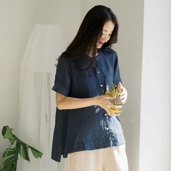 

Women Sunmmer T-Shirt Casual Linen Round Neck Vintage Tops Short Sleevespring and Summer Cotton and Linen Female Loose Shirt