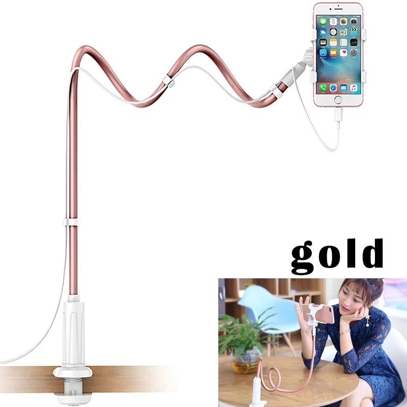 Universal Desktop Bed Long Arm Lazy Stand Mount Mobile Phone Holder for iPhone Samsung OC-shipping - Color: Gold