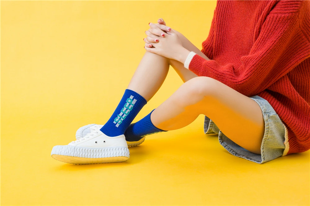 Women's Funny Words Loved Think Drink Sleep Play Lettered Striped Art Socks Couples Skateboard Hipster Street Dance Harajuku Sox