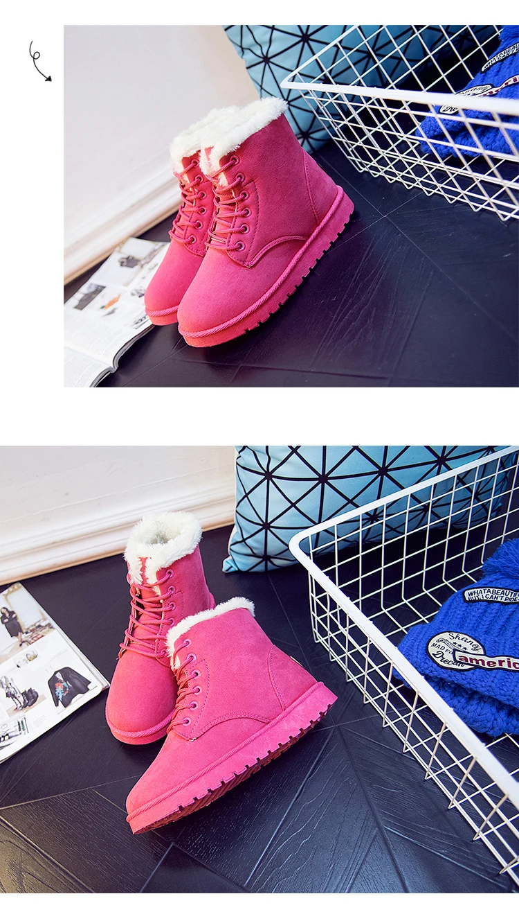 ERNESTNM Snow Boots Casual Ankle Booties Ladies Cotton Winter Female Warm Plush Fur Women Shoes Lace Up Flock Red Botas