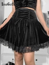 

InsGoth Mall Goth Vintage Black Lace Up Skirt Aesthetic Sexy Lace Trim Croset Skirt Chic Streetwear E Girl Party Mini Skirts