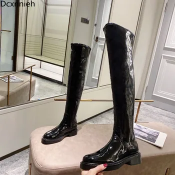 

Sexy Slim Elastic Ann leather Over the Knee Boots Women Thick bottom Long Boots Black Flat Motorcycle thigh high boots For women