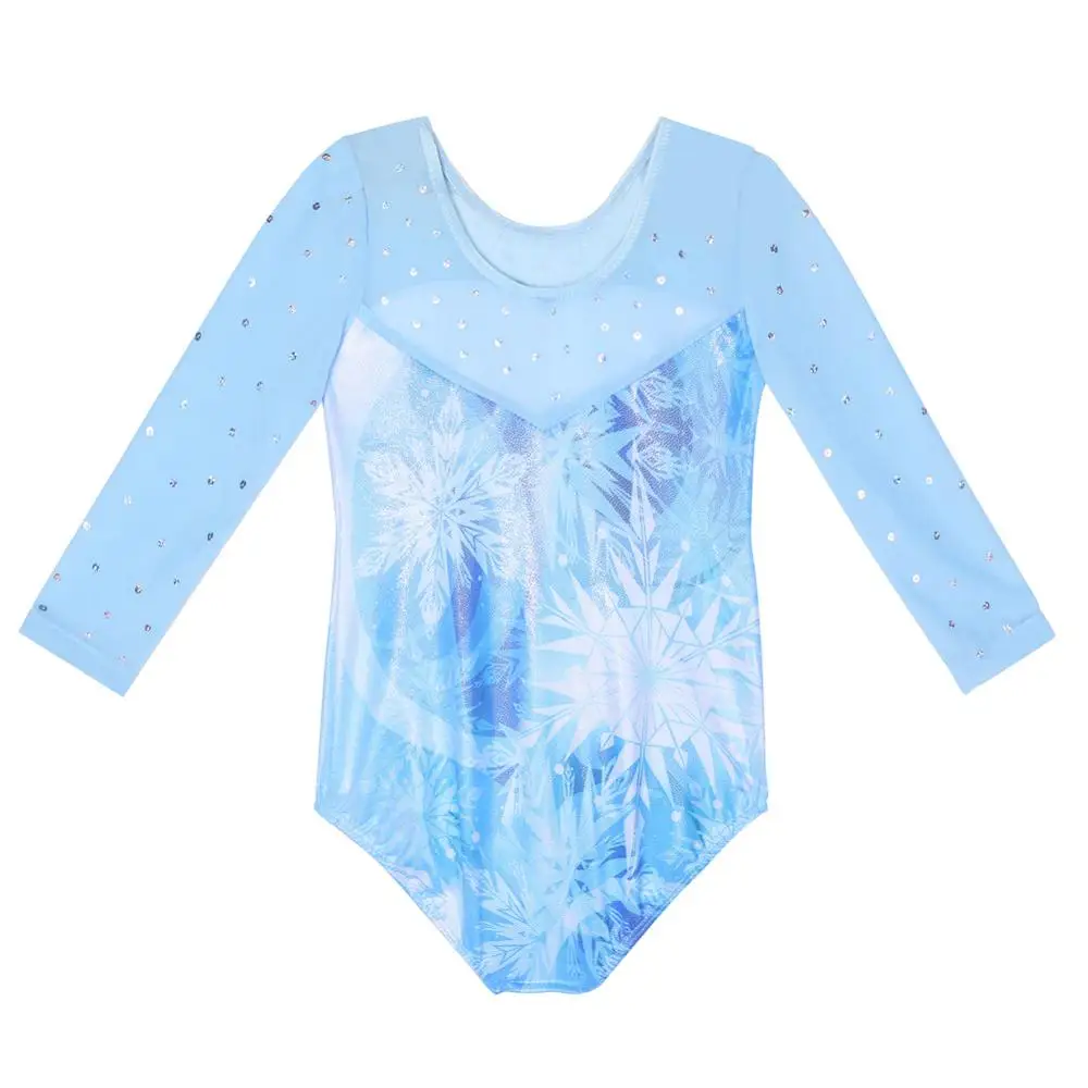 Girls Long Sleeve Gymnastics Leotard BAOHULU Sparkle Blue Snowflake Sequins Ballet Leotard Kids Athletics Costume Bodysuit children dance leotards