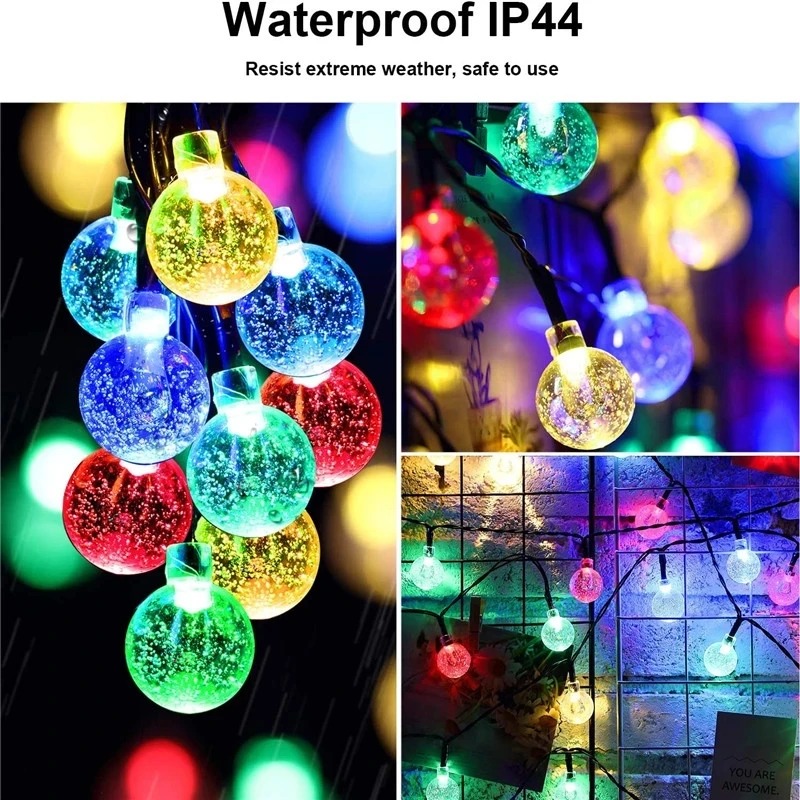 새로운 50 LEDS 10M 크리스탈 볼 태양광 램프 파워 LED 스트링 페어리 라이트 태양광 가랜드 정원 크리스마스 장식 야외용 다채로운 조명