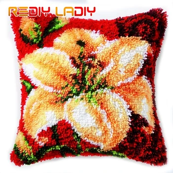 

Latch Hook Kits Flowers Lily Cushion Cover Pre-Printed Canvas Yarn Crocheting Crafts Pillow Case Sofa Bed Pillows Home Decor