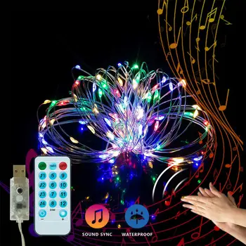 

Music Induction Copper Wire Lamp Remote Control String Light 8 Function Waterproof Holiday Decoration Illumination 10M 100LEDs