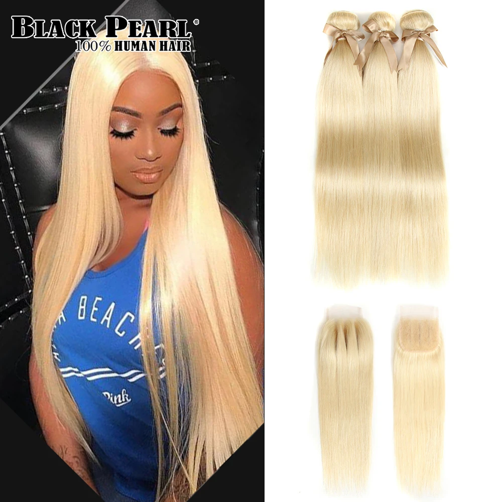Comprar Mechones negros de perlas miel rubio con cierre brasileño Remy pelo humano recto 613 mechones con cierre envío gratis
