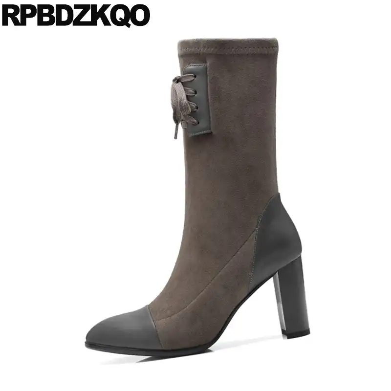 grey mid calf high heel boots
