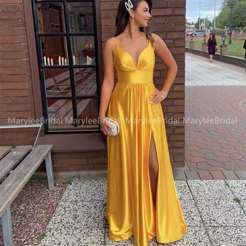 Simple Spaghetti Straps Mustard Yellow Evening Dress High Slit Elastic