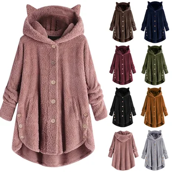 

Women Winter Coat Hooded Button Loose Hoodies Plus Size Kitty Ear Warm Sweatshirt J9