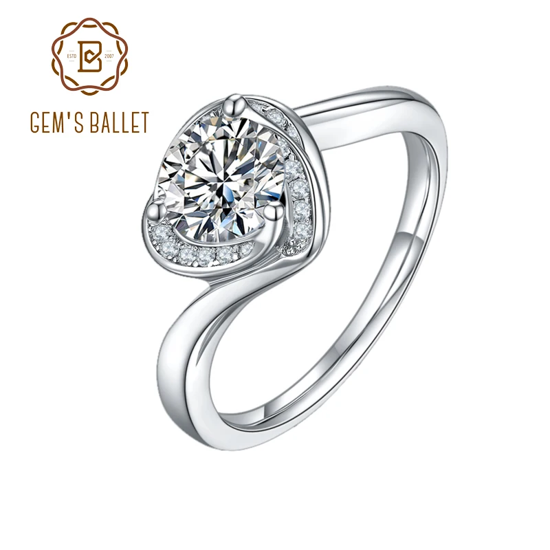 

GEM'S BALLET Romantic Wedding Engagement Ring Cute Heart Ring 925 Sterling Silver 1.0Ct 6.5mm D Color Moissanite Ring For Women