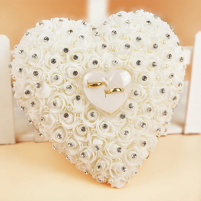 Heart Shape Wedding Ring Pillow Favors Hang Ring Box with Rhinestone Pearl Flower Romantic Engagement Ceremony Ring Cushion Hold
