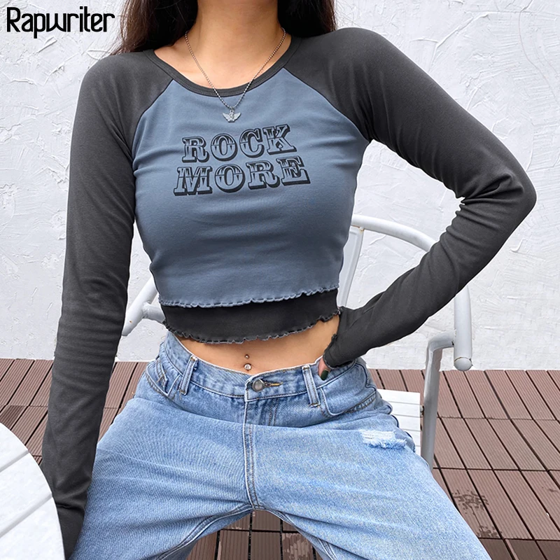 

Fake 2 Pieces Contrast Color y2k Crop Tops Women 2020 Hot O-Neck Long Sleeve Casual t shirt Tee Shirt Femme Streetwear Rawpriter