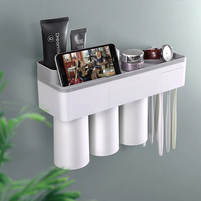 Магнитная адсорбционная подставка для зубных щеток с чашкой, настенное крепление, диспенсер для зубной пасты, подставка для хранения, набор аксессуаров для ванной комнаты