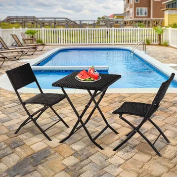 

3-piece Rattan Chair Folding Leisure Seat Square Table Sturdy Lightweight Outdoor Furniture Sets For Garden Patio Balcon Beach