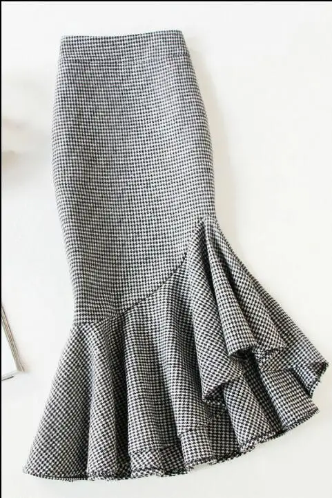 plus size 4XL!Irregular fishtail skirt high waist women winter package hip black white plaid woolen skirt office lady TB3742