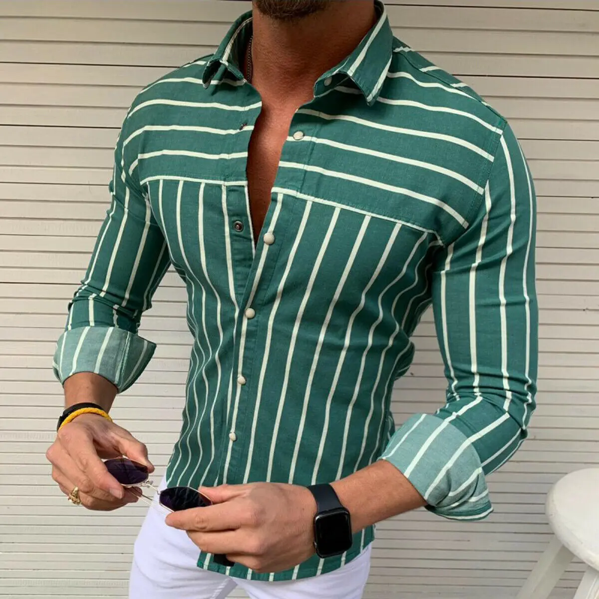 Роскошная модная мужская приталенная рубашка с v-образным вырезом, полосатые рубашки с длинным рукавом, Повседневная Блузка Хенли, дышащие мягкие Топы - Цвет: Зеленый