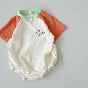 

Korean style baby boys girls cartoon Splicing sleeve bodysuits Summer infant kids solid color casual outwear