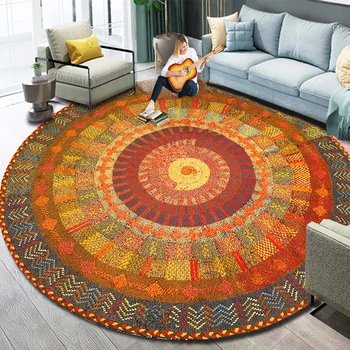 

European Persian Mandala Pattern Round Carpet Non-Slip Ethnic Style Bath Mat Soft Fluffy Velvet Area Rug for Living Room Decor