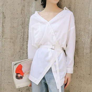 

Women Autumn Chiffon Irregular Loose Long Shirt V-Neck Pockets Belt Solid White Female Shirts 2020 Fashion Clothing For Ladies