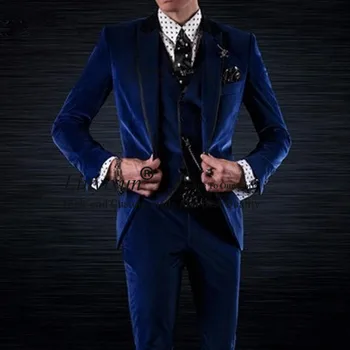 

Royal Blue Velvet Groom Tuxedos for Wedding Wear Three Piece Jacket Pants Vest Black Peaked Lapel Custom Made Party Men Suits