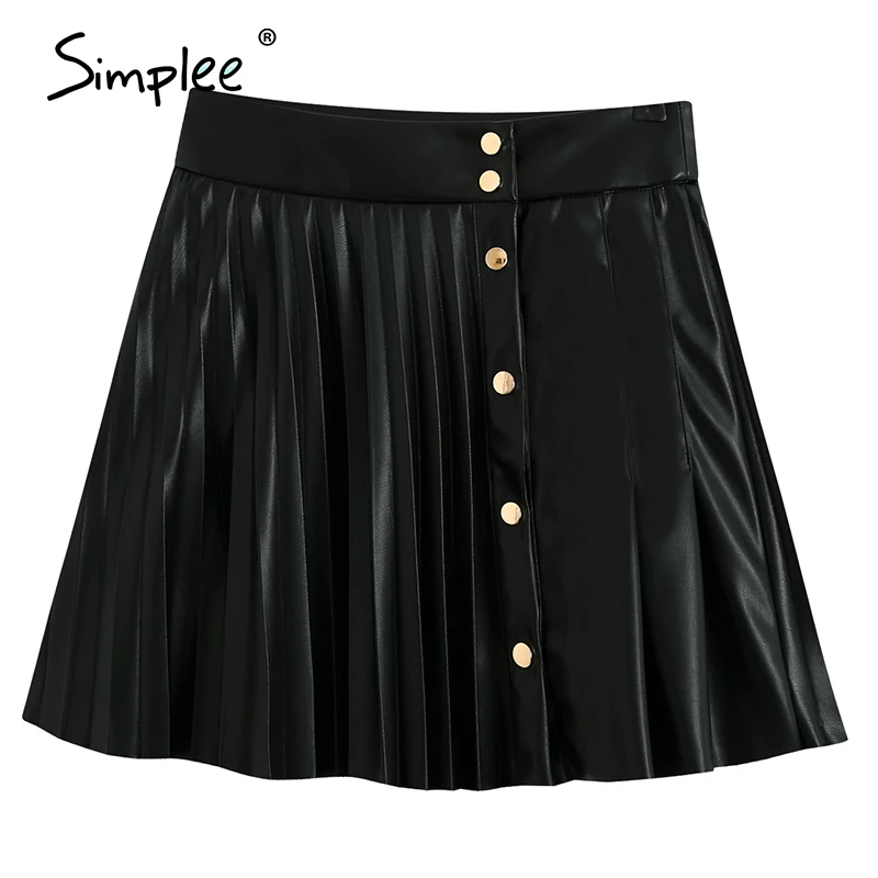 Simplee Fashion artificial leather womens Mini Skirt Striped button A-line short skirt High Street Black Leather Skirt autumn