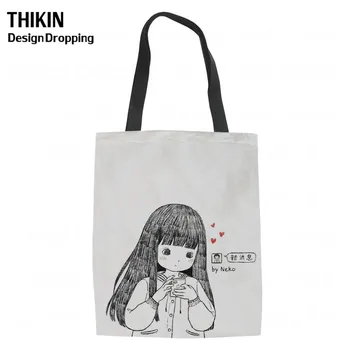 

THIKIN Cute Simple Cartoon Printing Women Canvas Tote 2019 New Hot Casual White Students School Shoulder Bags for Girls Handbags
