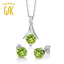 GemStoneKing3.00 Ct Круглый натуральный зеленый кулон из перидота и серьги набор твердых 925 пробы серебряные женские ювелирные изделия