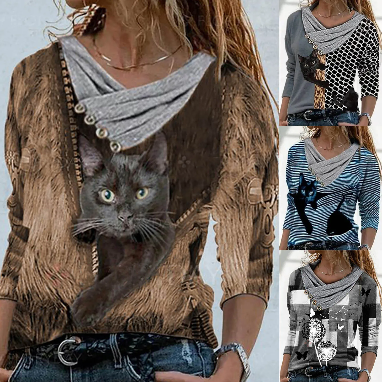 Spring Tops Women 2021 Fashion Casual Tops Cross V-Neck Buttons Printing Long Sleeve Sweaters Plus Size Women Tops and Blouse 1